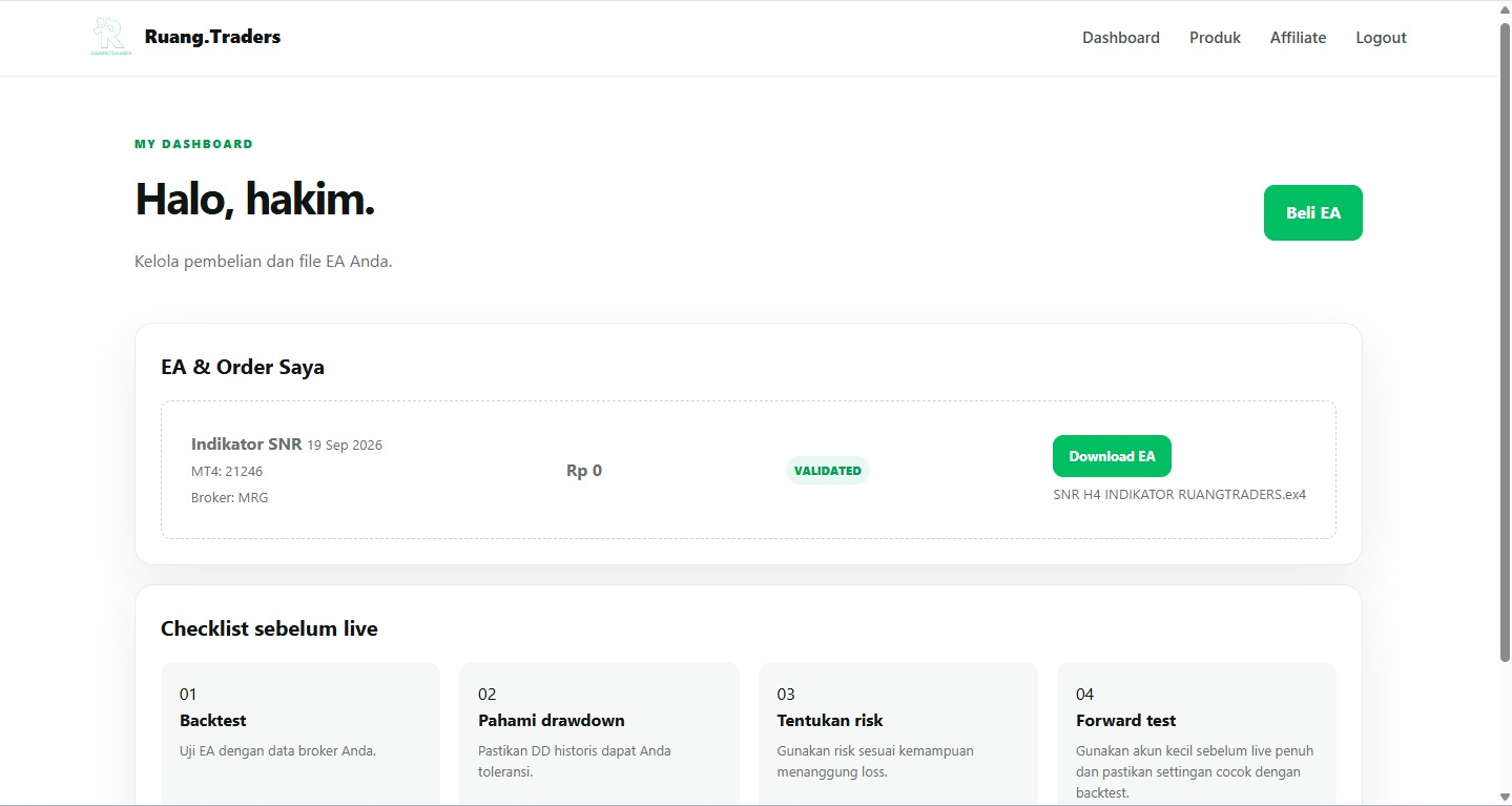 Dashboard Ruang.Traders dengan tombol Download EA