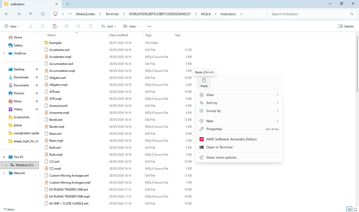 Menu Paste di folder MT4